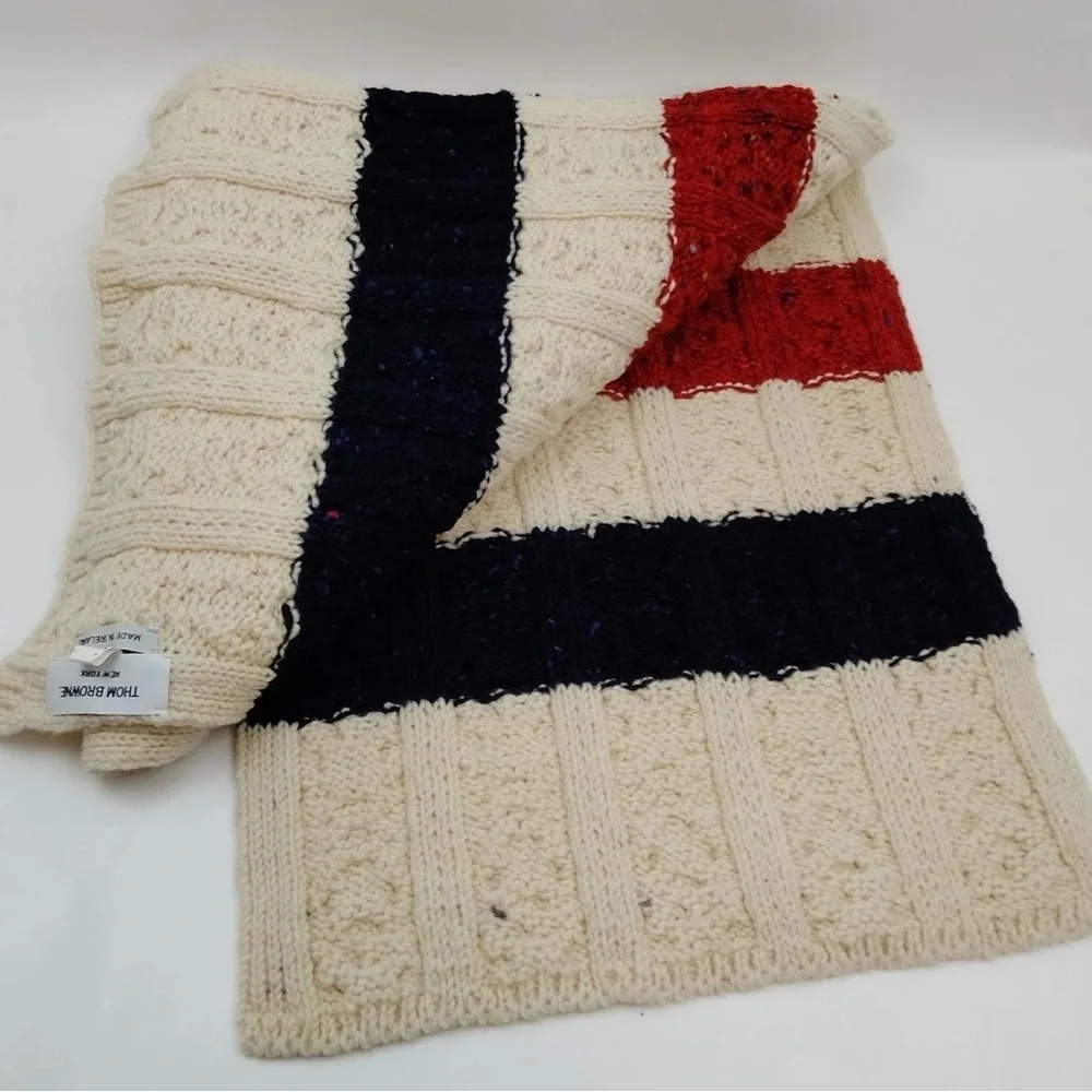 Thom Browne Striped Cable Knit Scarf Ivory w/ Red Navy Signature Stripe Wool